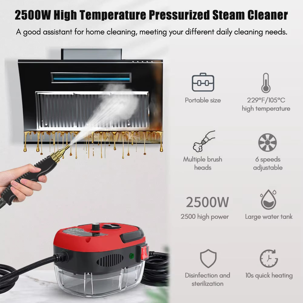 2500W Portable Handheld Steam Cleaner High Temperature Pressurized Steam Cleaning Machine with Brush Heads for Kitchen Cleaning